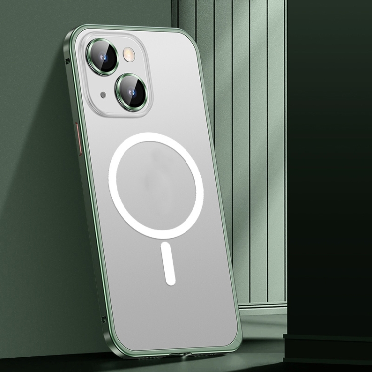 

For iPhone 14 Spring Buckle Metal Frosted Magsafe Phone Case(Green)