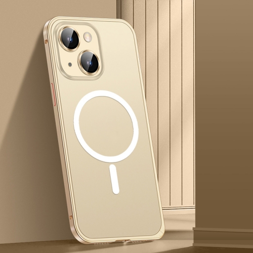

For iPhone 14 Plus Spring Buckle Metal Frosted Magsafe Phone Case(Gold)