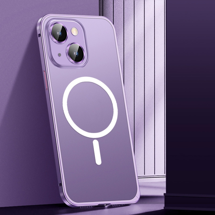 

For iPhone 14 Plus Spring Buckle Metal Frosted Magsafe Phone Case(Deep Purple)