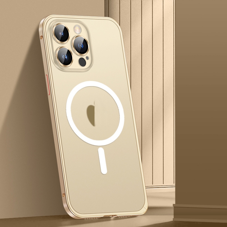 

For iPhone 14 Pro Spring Buckle Metal Frosted Magsafe Phone Case(Gold)