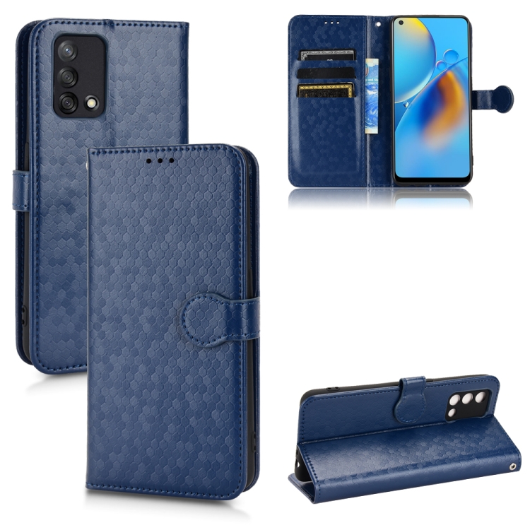 

For OPPO F19 4G / A74 4G Honeycomb Dot Texture Leather Phone Case(Blue)