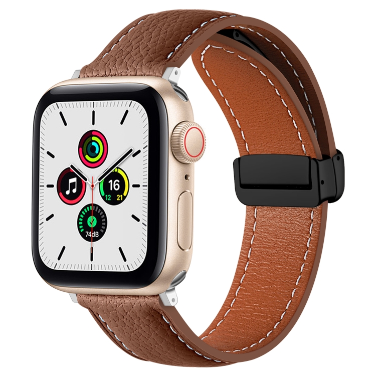 

Folding Buckle Genuine Leather Watch Band For Apple Watch Ultra 49mm / Series 8&7 45mm / SE 2&6&SE&5&4 44mm / 3&2&1 42mm(Brown)