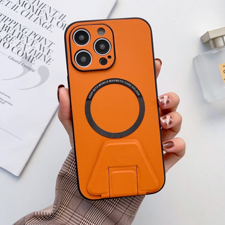 

For iPhone 14 Pro Max MagSafe Magnetic Holder Leather Fine Hole Phone Case(Orange)