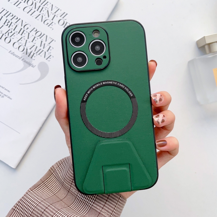 

For iPhone 14 MagSafe Magnetic Holder Leather Fine Hole Phone Case(Green)