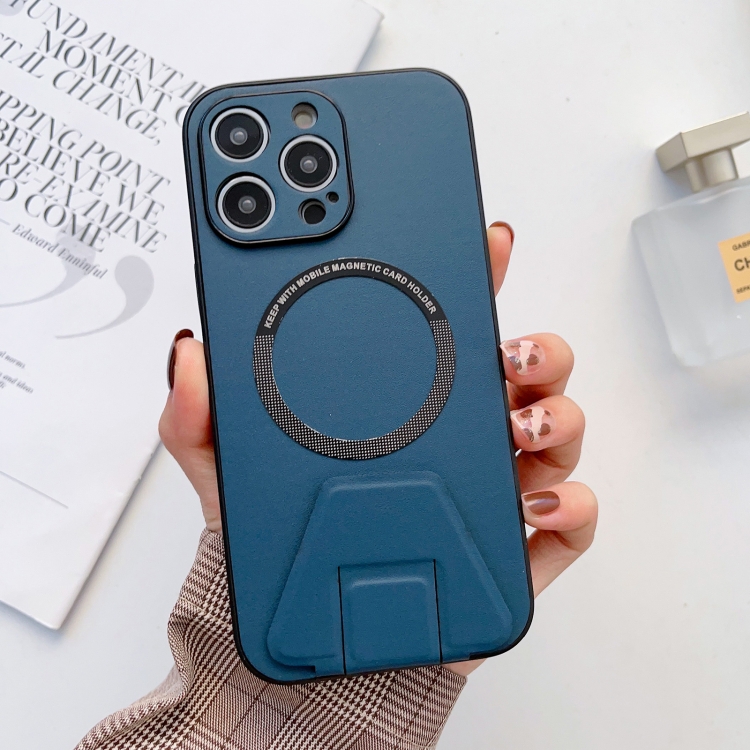 

For iPhone 11 MagSafe Magnetic Holder Leather Fine Hole Phone Case(Blue)