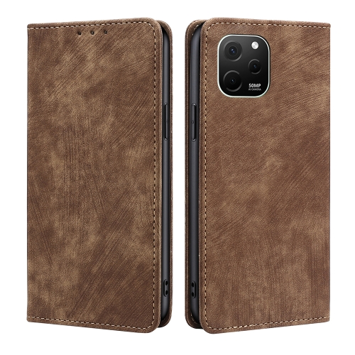 

For Huawei nova Y61 RFID Anti-theft Brush Magnetic Leather Phone Case(Brown)
