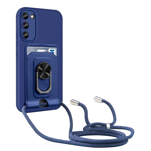 

For Samsung Galaxy S23 5G Ring Kickstand Card Wallet TPU Phone Case with Lanyard(Blue)