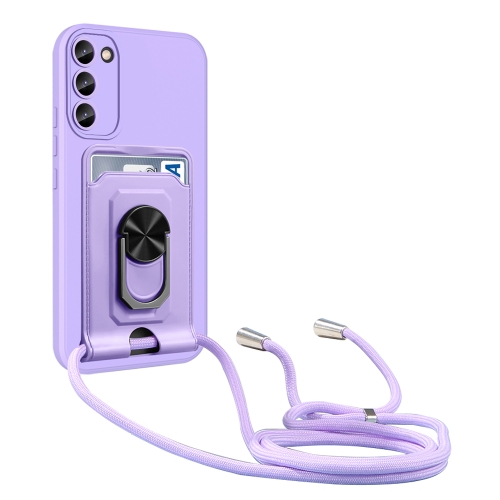 

For Samsung Galaxy S23+ 5G Ring Kickstand Card Wallet TPU Phone Case with Lanyard(Purple)