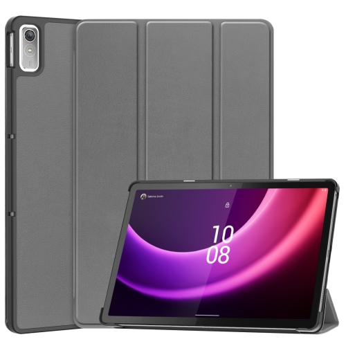 

For Lenovo Tab P11 Gen 2 Custer Pure Color 3-Fold Holder Leather Smart Tablet Case(Grey)