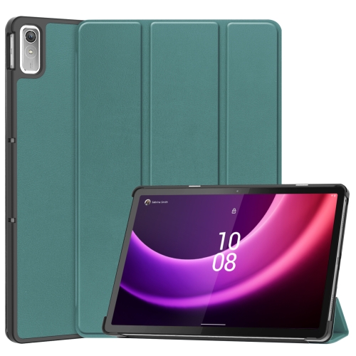 

For Lenovo Tab P11 Gen 2 Custer Pure Color 3-Fold Holder Leather Smart Tablet Case(Dark Green)