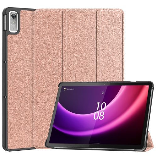 

For Lenovo Tab P11 Gen 2 Custer Pure Color 3-Fold Holder Leather Smart Tablet Case(Rose Gold)