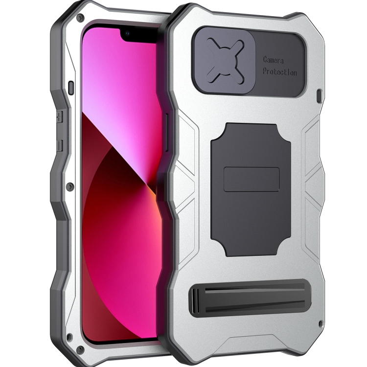 

For iPhone 14 Camshield Tri-poof Metal Phone Case with Holder(Silver)