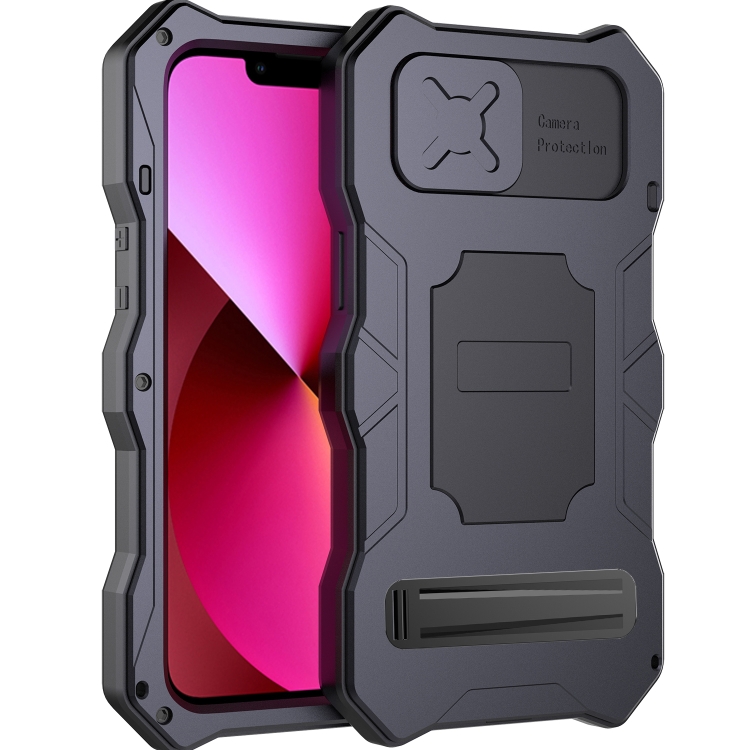 

For iPhone 14 Plus Camshield Tri-poof Metal Phone Case with Holder(Black)