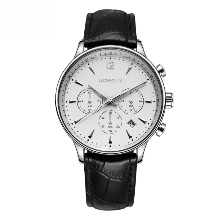 

Ochstin 6050A Multifunctional Quartz Men Leather Watch(Silver+Black)