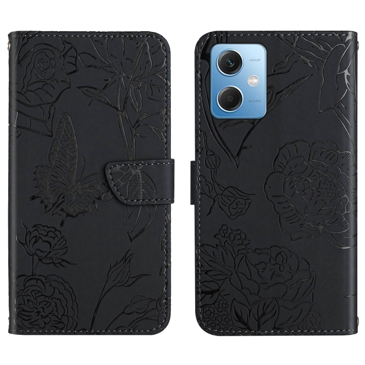 

For Xiaomi Redmi Note 12 5G HT03 Skin Feel Butterfly Embossed Flip Leather Phone Case(Black)