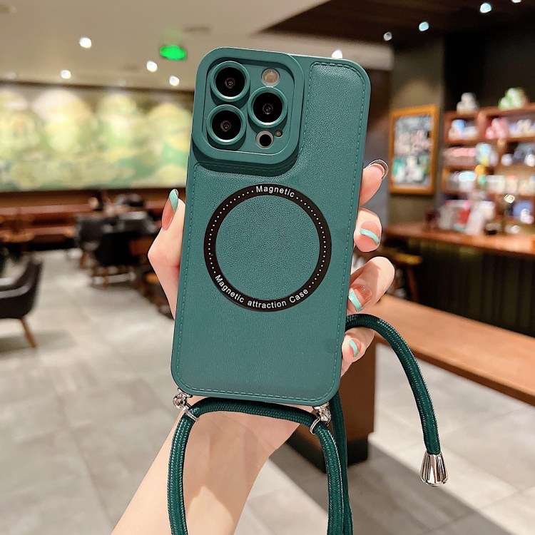 

For iPhone 14 Plus MagSafe Magnetic Lanyard Phone Case(Dark Green)