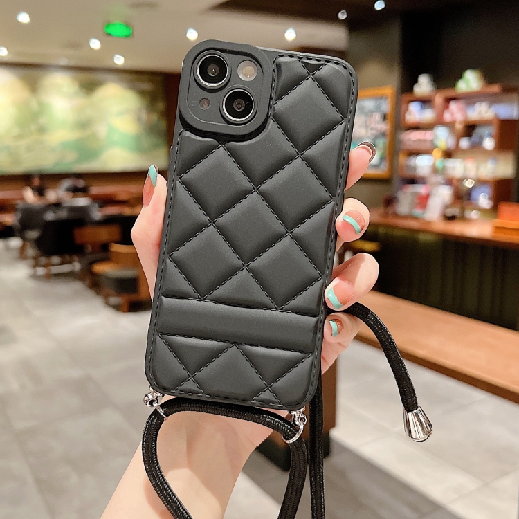 

For iPhone 14 Plus Rhombic Texture Lanyard Phone Case(Black)