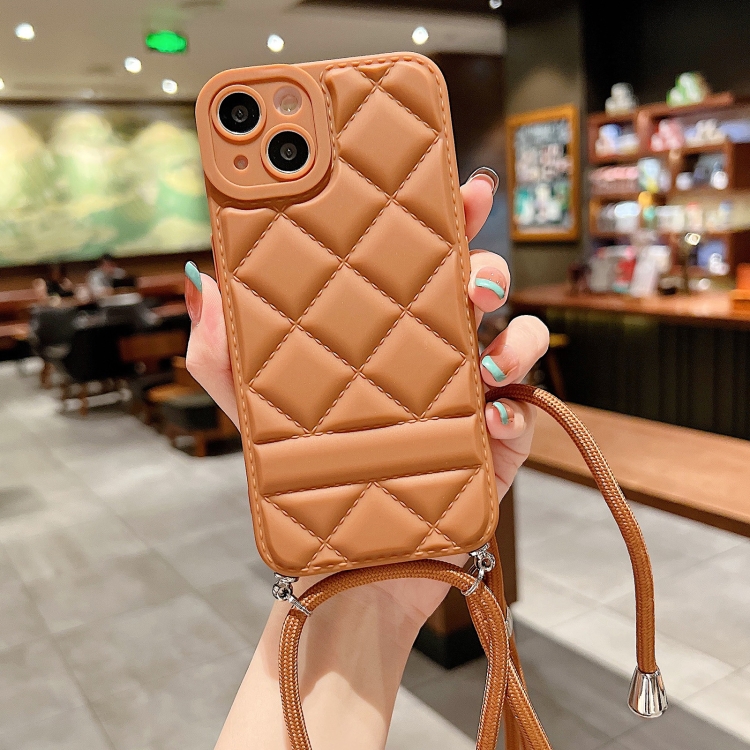 

For iPhone 13 Rhombic Texture Lanyard Phone Case(Khaki)