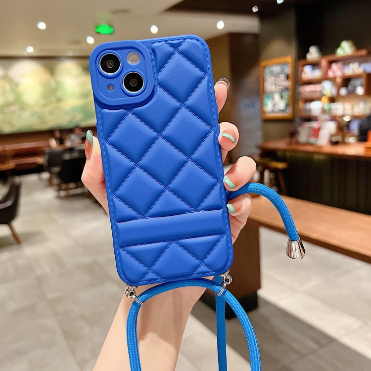 

For iPhone 12 Pro Rhombic Texture Lanyard Phone Case(Blue)
