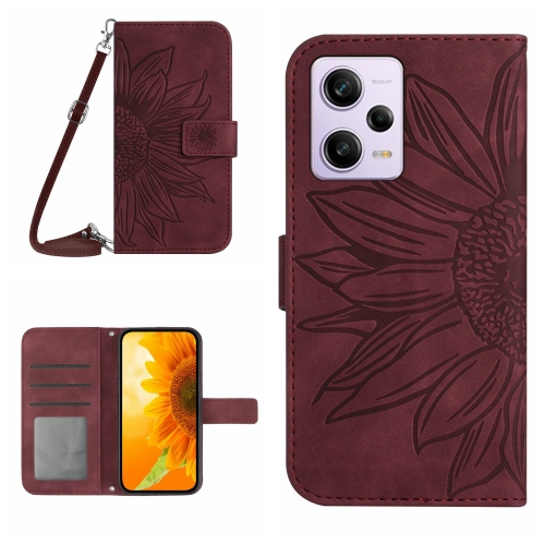 

For Xiaomi Redmi Note 12 Pro 5G China Skin Feel Sun Flower Pattern Flip Leather Phone Case with Lanyard(Wine Red)