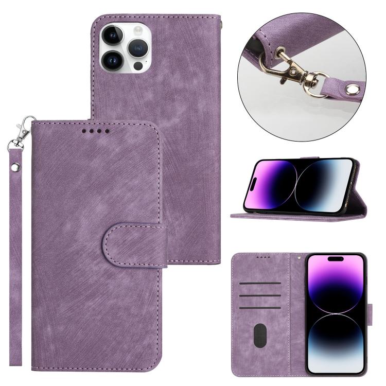 

For iPhone 14 Pro Dual-Fold Stripe Texture Buckle Leather Phone Case(Purple)