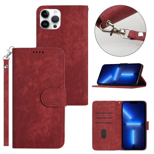 

For iPhone 13 Pro Max Dual-Fold Stripe Texture Buckle Leather Phone Case(Red)