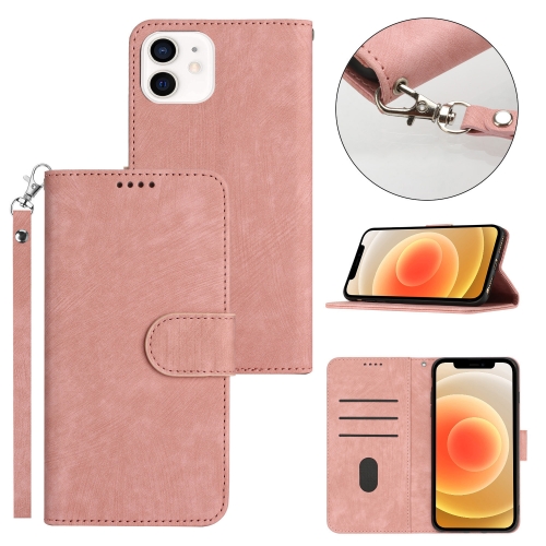 

For iPhone 12 Dual-Fold Stripe Texture Buckle Leather Phone Case(Pink)