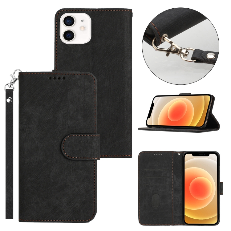 

For iPhone 11 Dual-Fold Stripe Texture Buckle Leather Phone Case(Black)