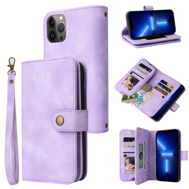 

For iPhone 13 Pro Max Multifunctional Card Slot Zipper Wallet Flip Leather Phone Case(Purple)