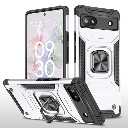 

For Google Pixel 6A Magnetic Armor Shockproof TPU + PC Phone Case with Metal Ring Holder(Silver)