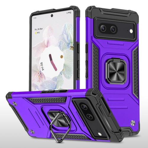 

For Google Pixel 7 Magnetic Armor Shockproof TPU + PC Phone Case with Metal Ring Holder(Purple)