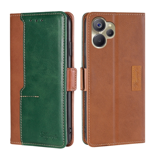 

For Realme 9i 5G Global/10 5G Contrast Color Side Buckle Leather Phone Case(Light Brown+Green)