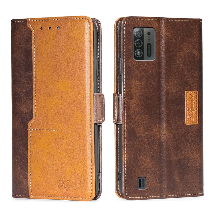 

For ZTE Blade A52 Lite Contrast Color Side Buckle Leather Phone Case(Dark Brown+Gold)