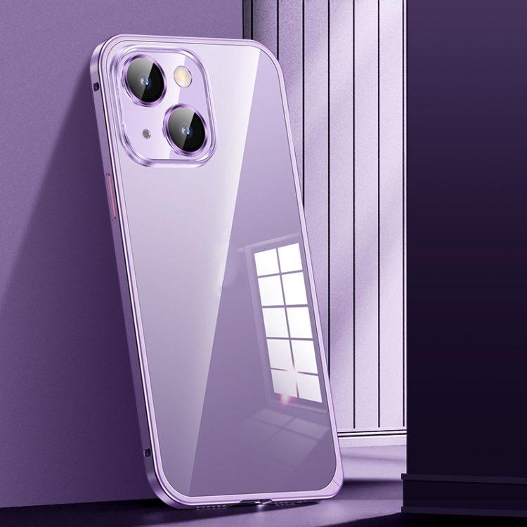 

For iPhone 14 Spring Buckle Metal Transparent Phone Case with Lens Protection(Dark Purple)