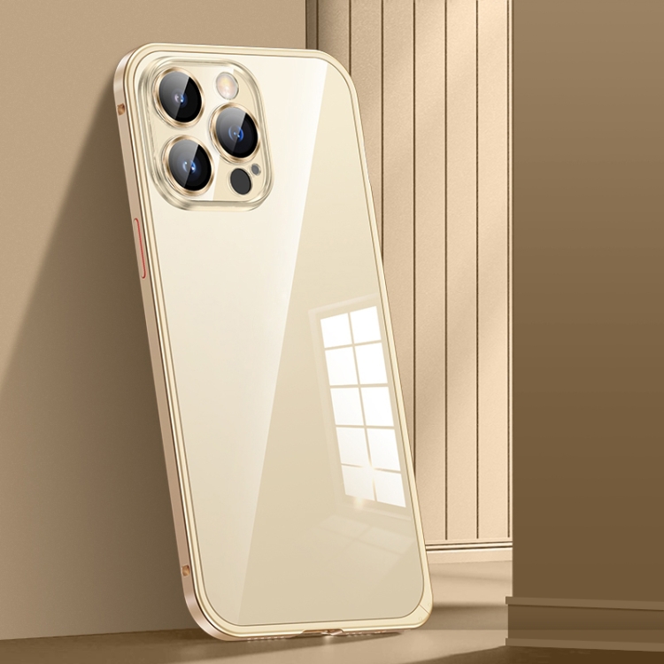 

For iPhone 14 Pro Max Spring Buckle Metal Transparent Phone Case with Lens Protection(Gold)