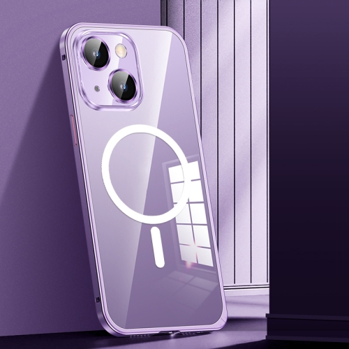 

For iPhone 14 Plus MagSafe Spring Buckle Metal Transparent Phone Case with Lens Protection(Dark Purple)