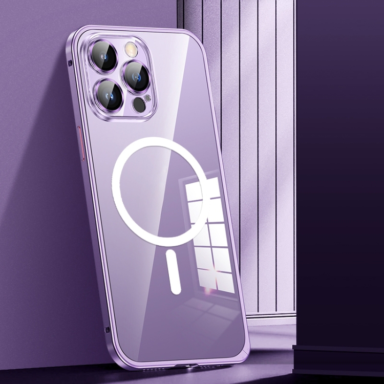 

For iPhone 12 Pro MagSafe Spring Buckle Metal Transparent Phone Case with Lens Protection(Dark Purple)