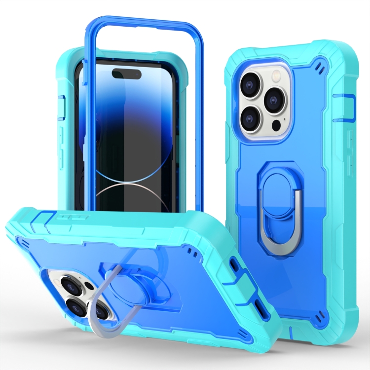 

For iPhone 14 Pro Two-color Ring Holder Phone Case(Mint Green + Blue)