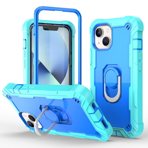 

For iPhone 14 Two-color Ring Holder Phone Case(Mint Green + Blue)