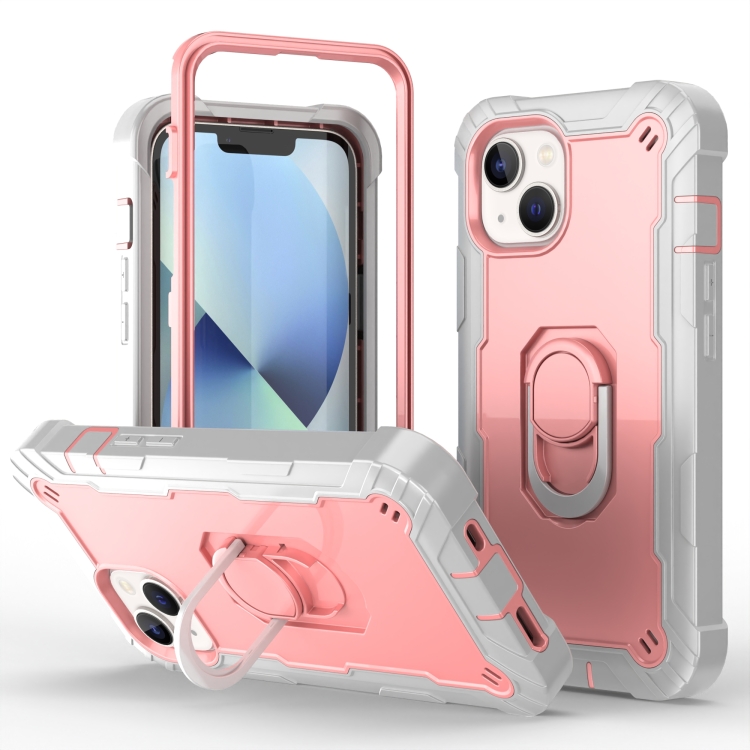 

For iPhone 14 Plus Two-color Ring Holder Phone Case(Grey White + Rose Gold)
