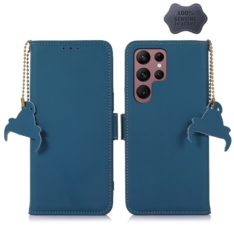 

For Samsung Galaxy S22 Ultra 5G Genuine Leather Magnetic RFID Leather Phone Case(Blue)