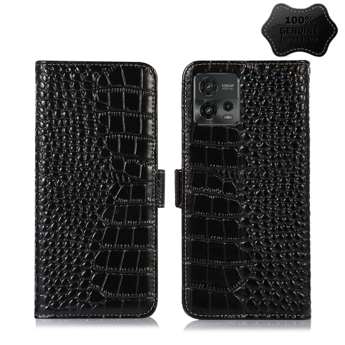 

For Motorola Moto G72 Magnetic Crocodile Texture Genuine Leather RFID Phone Case(Black)