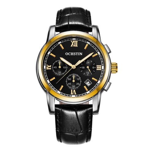 

OCHSTIN 6097B Multifunctional Quartz Waterproof Luminous Men Leather Watch(Gold+Black+Black)