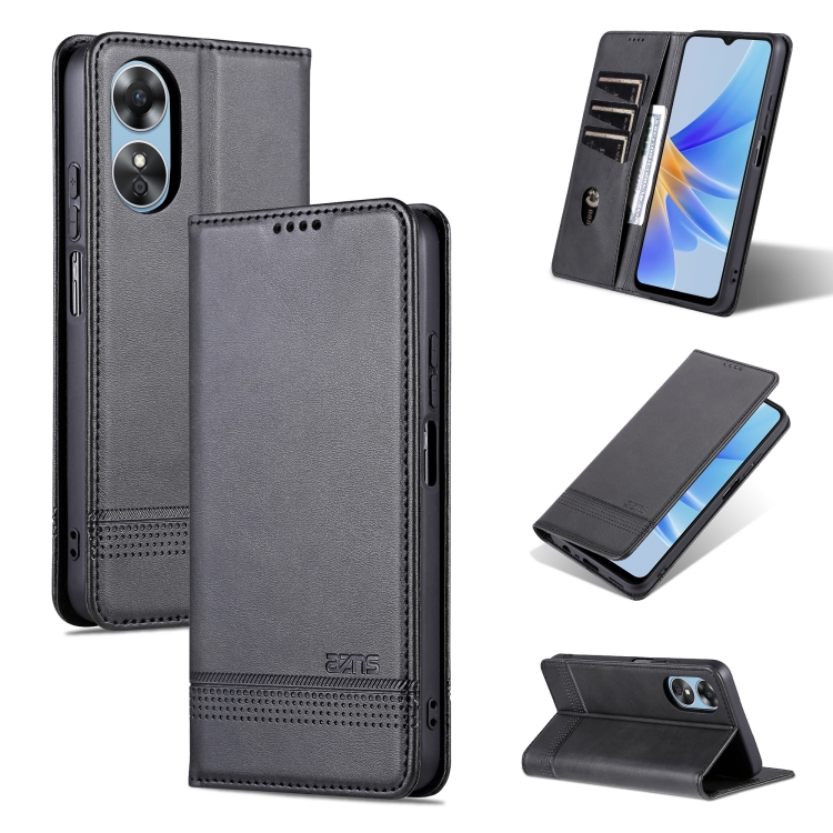 

For OPPO A17 AZNS Magnetic Calf Texture Flip Leather Phone Case(Black)