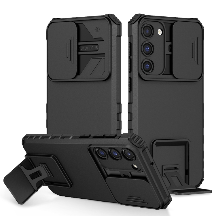 

For Samsung Galaxy S23 5G Stereoscopic Holder Sliding Camshield Phone Case(Black)