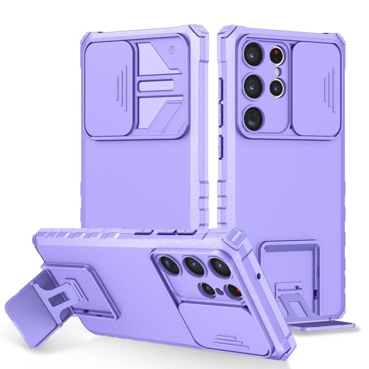 

For Samsung Galaxy S23 Ultra 5G Stereoscopic Holder Sliding Camshield Phone Case(Purple)