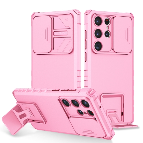 

For Samsung Galaxy S23 Ultra 5G Stereoscopic Holder Sliding Camshield Phone Case(Pink)