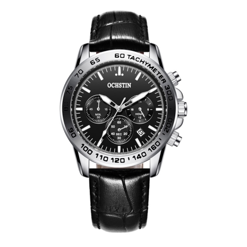 

OCHSTIN 6117C Multifunctional Quartz Waterproof Men Leather Watch(Silver+Black)