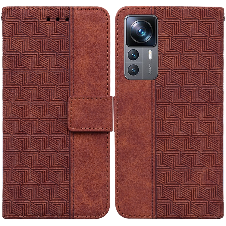 

For Xiaomi 12T Pro Geometric Embossed Flip Leather Phone Case(Brown)