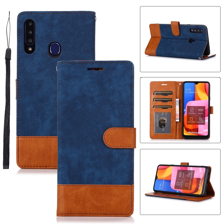 

For Samsung Galaxy A20s Splicing Leather Phone Case(Dark Blue)